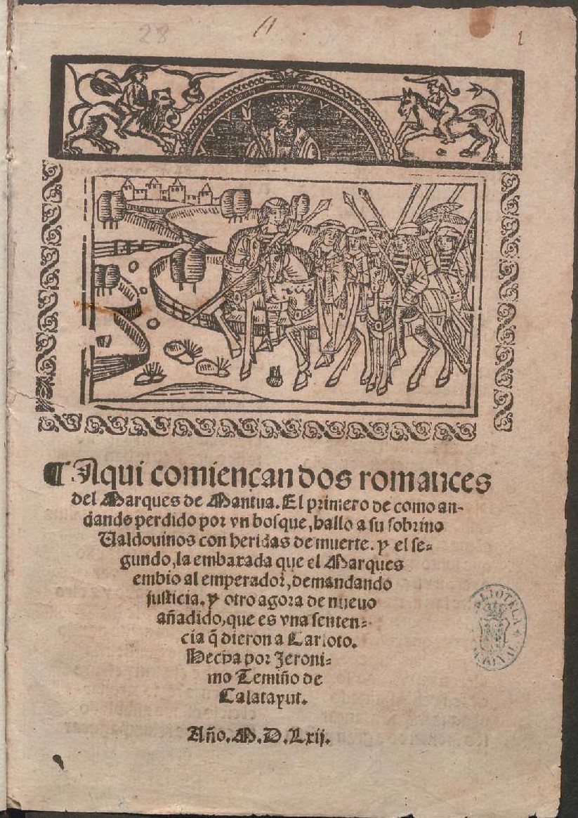 Ilustración inicial - Estampa caballeresca: Dama y su séquito saliendo de una ciudad.