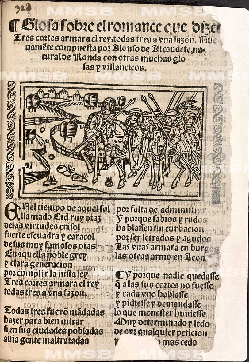 Ilustración inicial - Estampa caballeresca: Dama y su séquito saliendo de una ciudad.