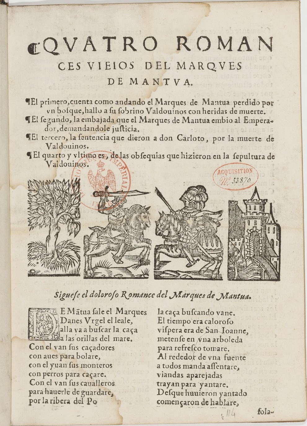 Ilustración inicial - Figurillas factótum, miscelánea de figurillas (árbol, jinete armado, jinete armado, ciudad fortificada) Los dos jinetes, orientados uno contra el otro, en posición de duelo.