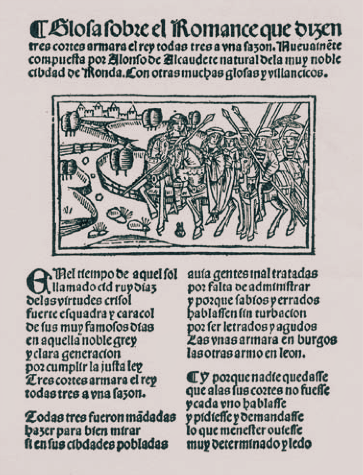 Ilustración inicial - Estampa caballeresca: Dama y su séquito saliendo de una ciudad.