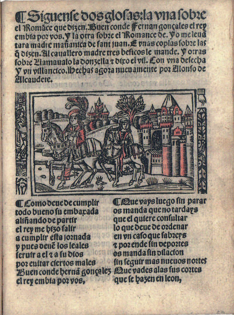 Ilustración inicial - Estampa caballeresca: Caballero y escudero saliendo de una ciudad.