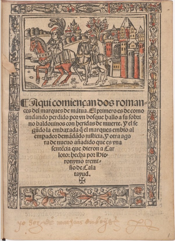 Ilustración inicial - Estampa caballeresca: Caballero y escudero saliendo de una ciudad.