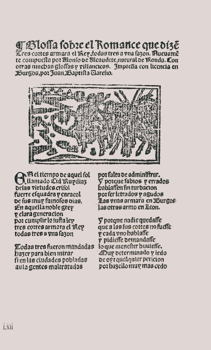 Ilustración inicial - Estampa caballeresca: Dama y su séquito saliendo de una ciudad.