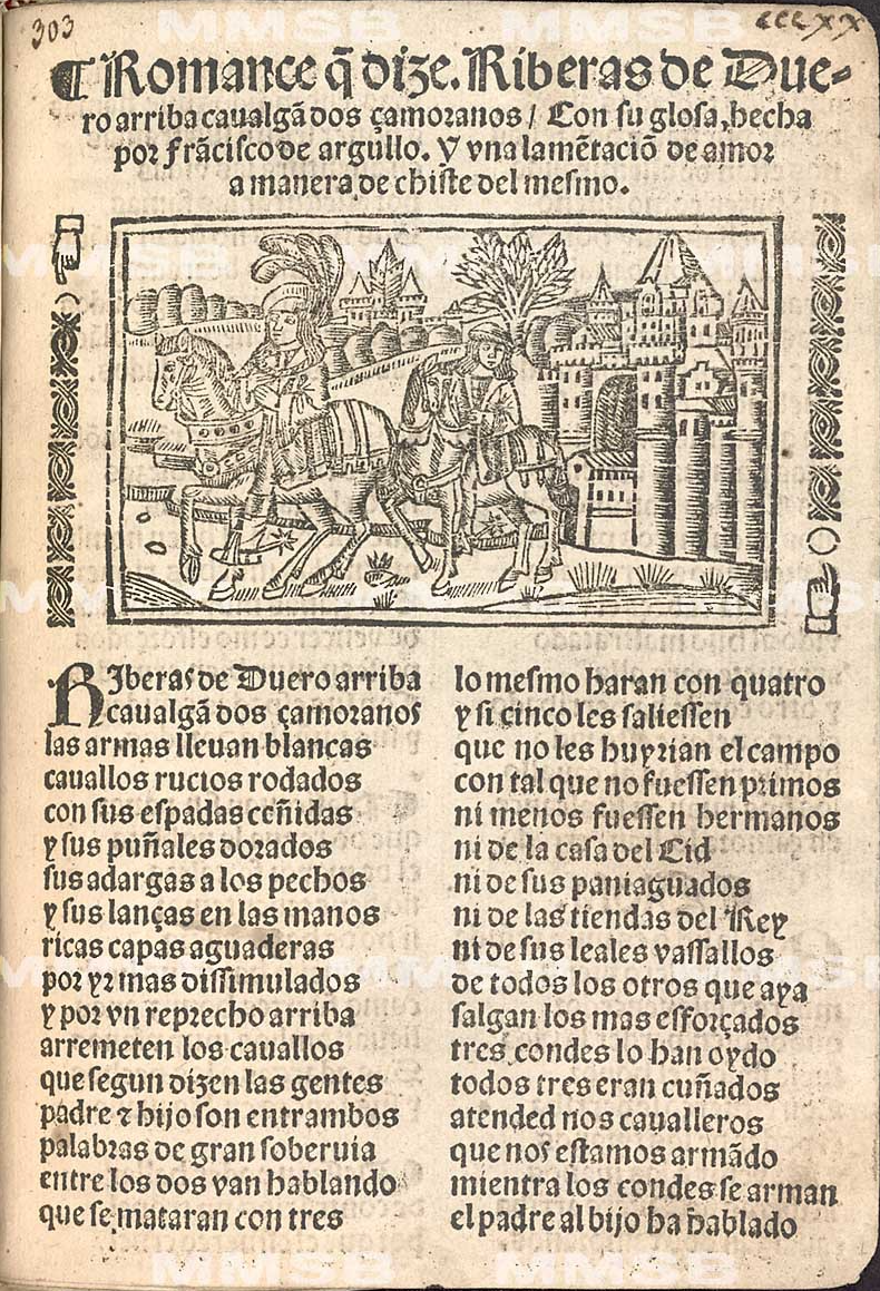 Ilustración inicial - Estampa caballeresca: Caballero y escudero saliendo de una ciudad.